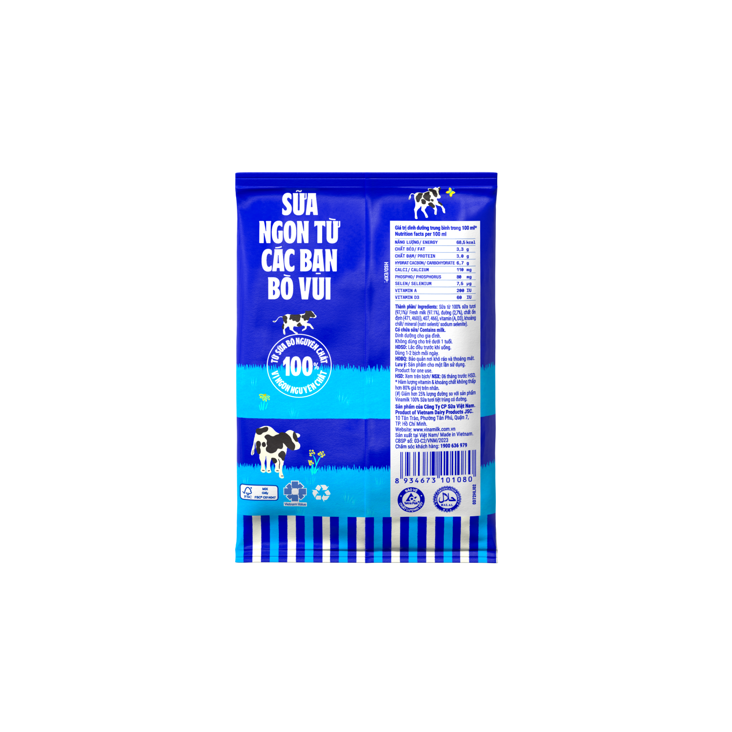 Sữa tươi tiệt trùng 100% Ít đường 180ml