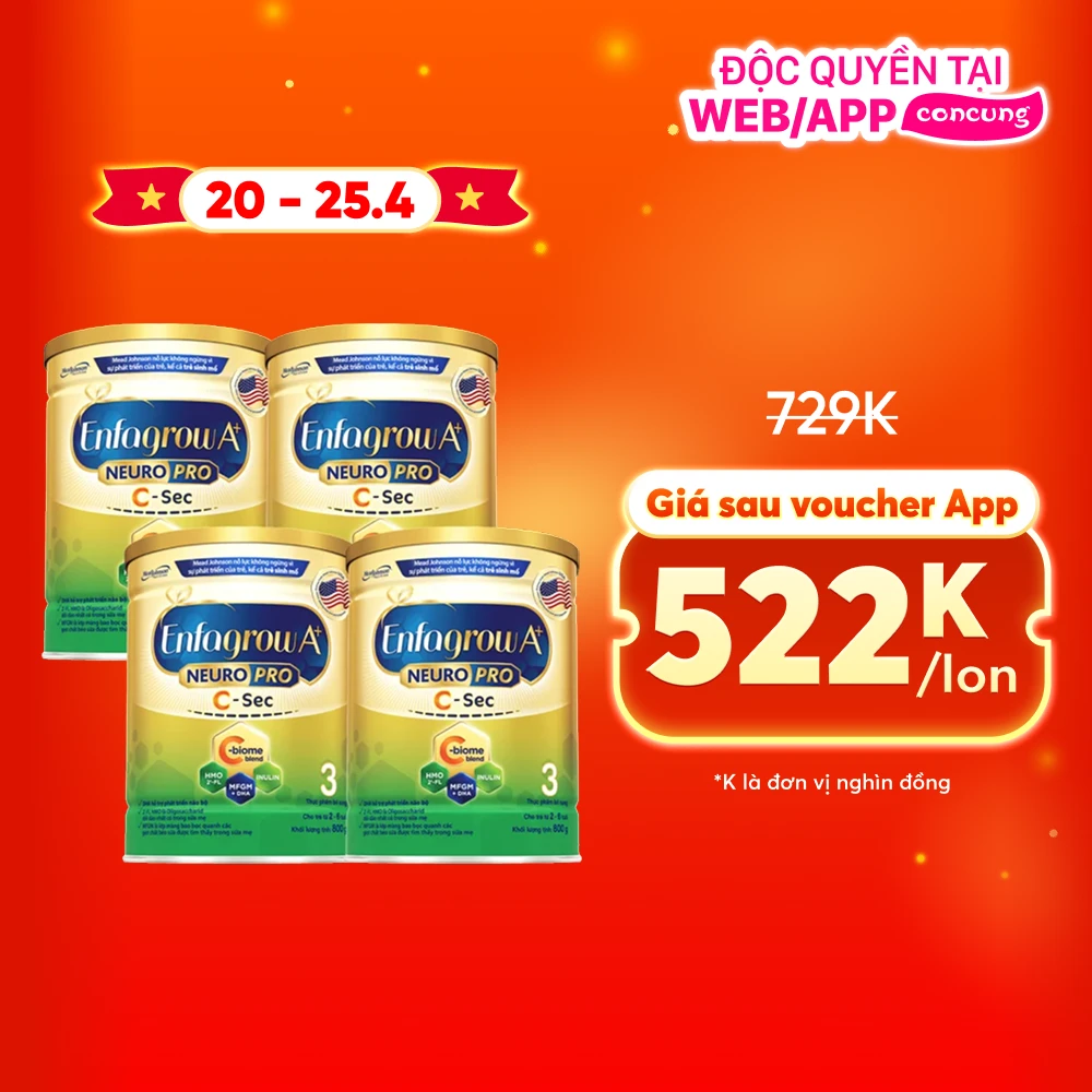 Combo 4 Sữa Enfagrow A+ NeuroPro 3 C-Sec 800g (2-6 tuổi)